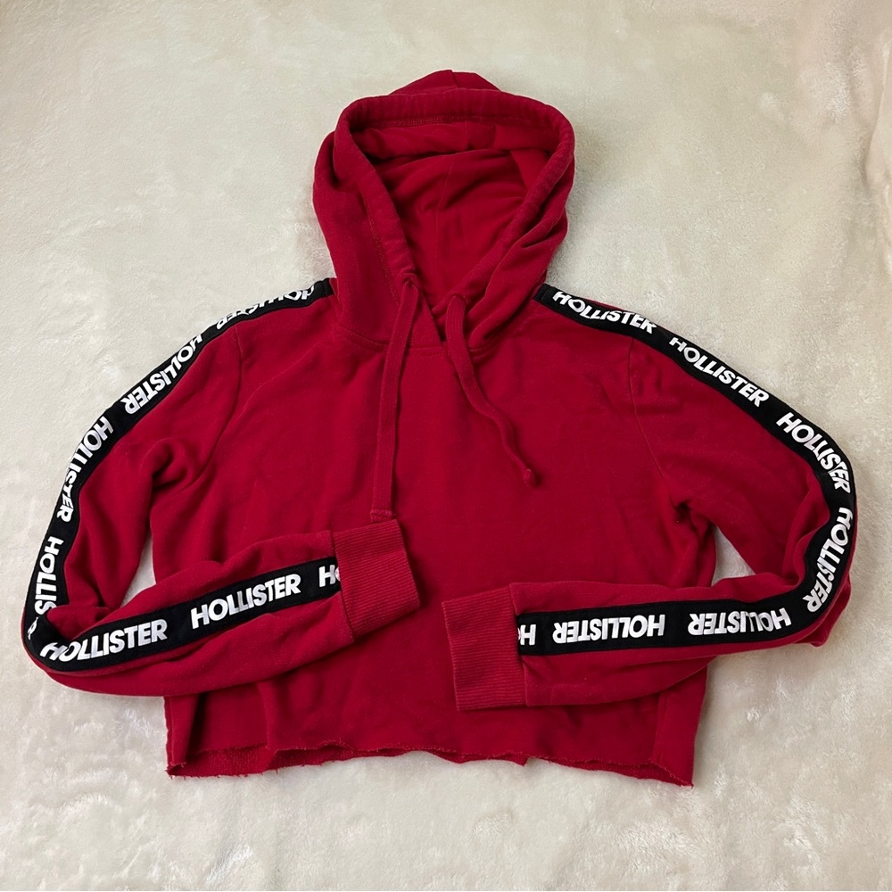Hollister Red Cropped Logo Tape Long Sleeve Hoodie Size M